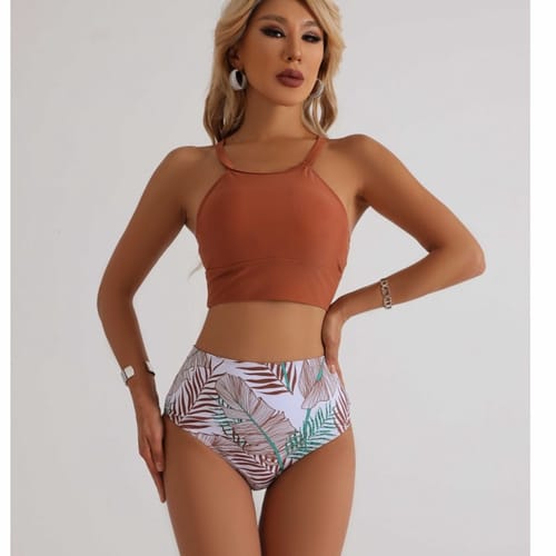 Halter Neck Top Bikini High Waist Bottom Printed Tankini