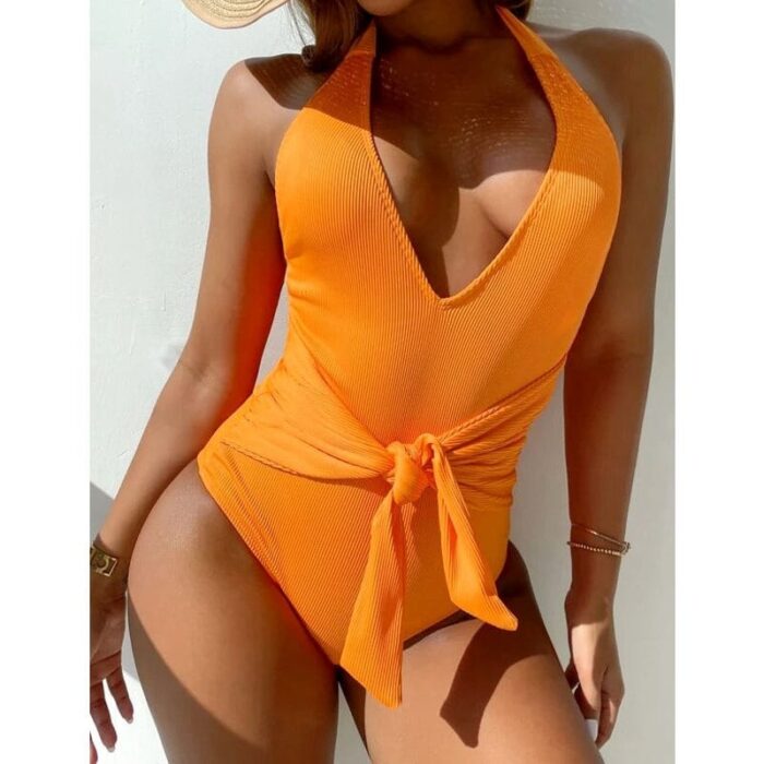 Tummy Control Monkini One Piece Halter Neck Swimwear V Neck